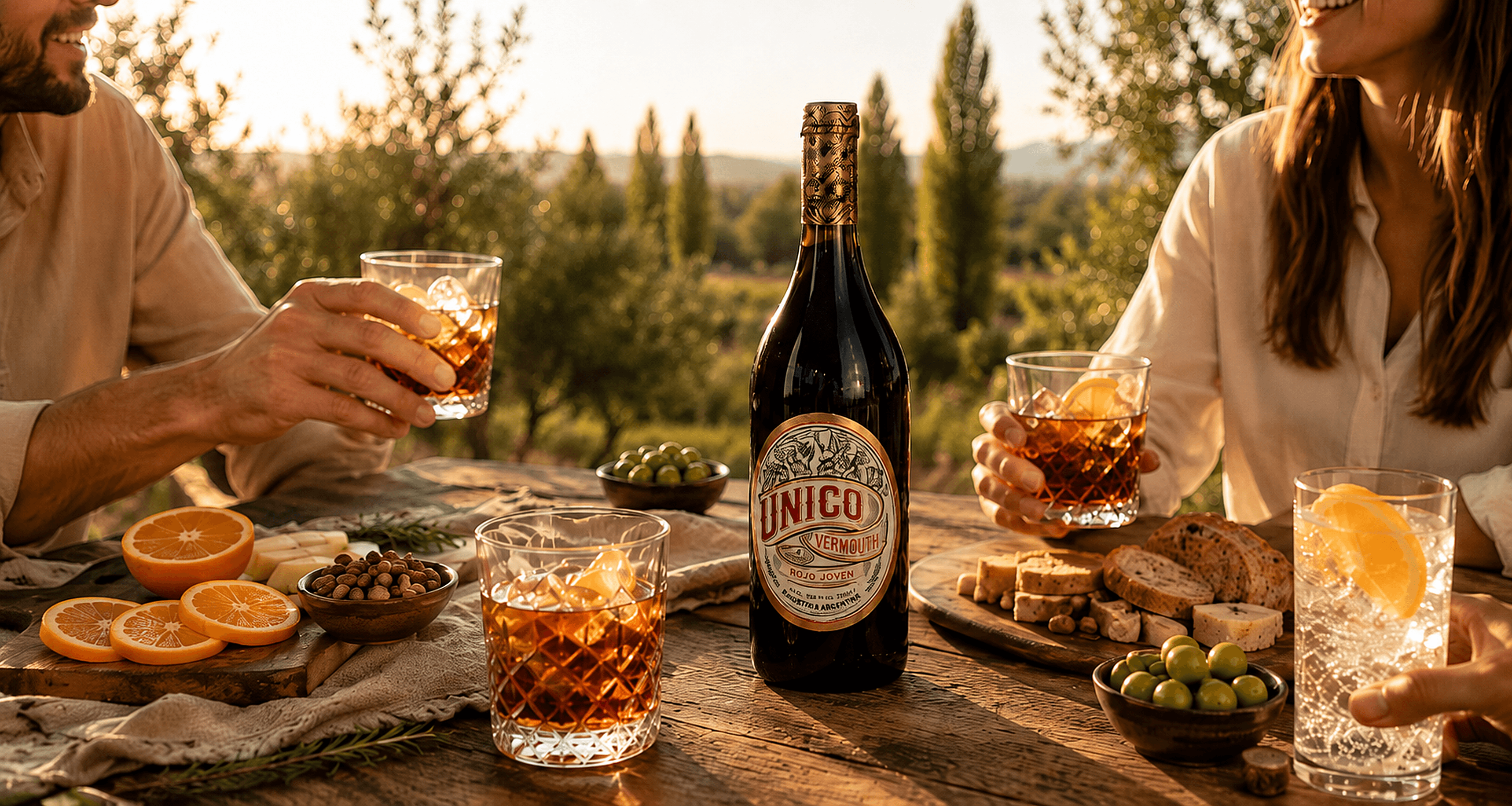 Botella y copa de Único Vermouth sobre una mesa patagónica al atardecer